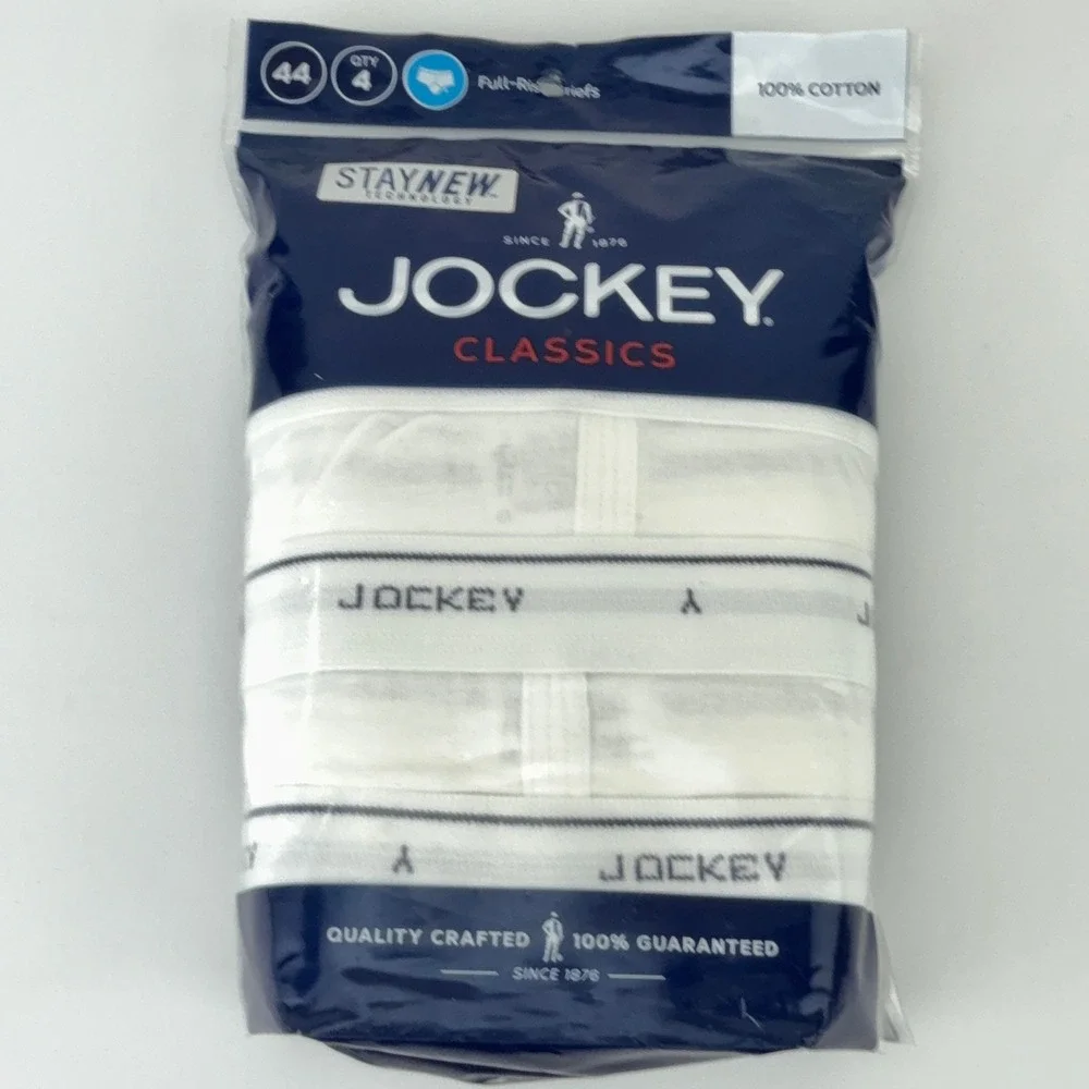 Jockey Classics Mens 4 Pack Full-Rise Briefs White 100% Cotton Size 44 Y-Front